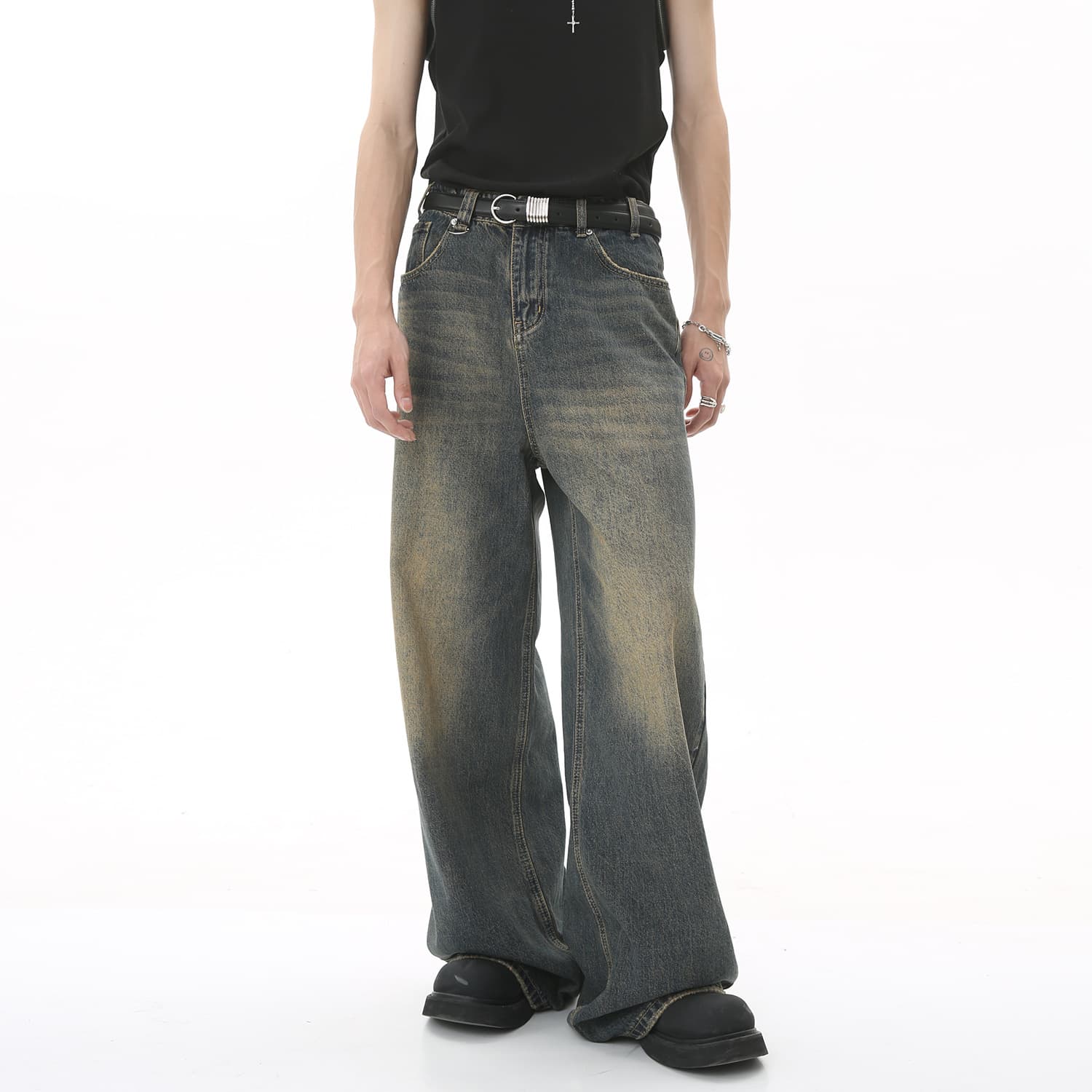 Retro Hong Kong Style Distressed Loose Wide Leg Mopping Jeans