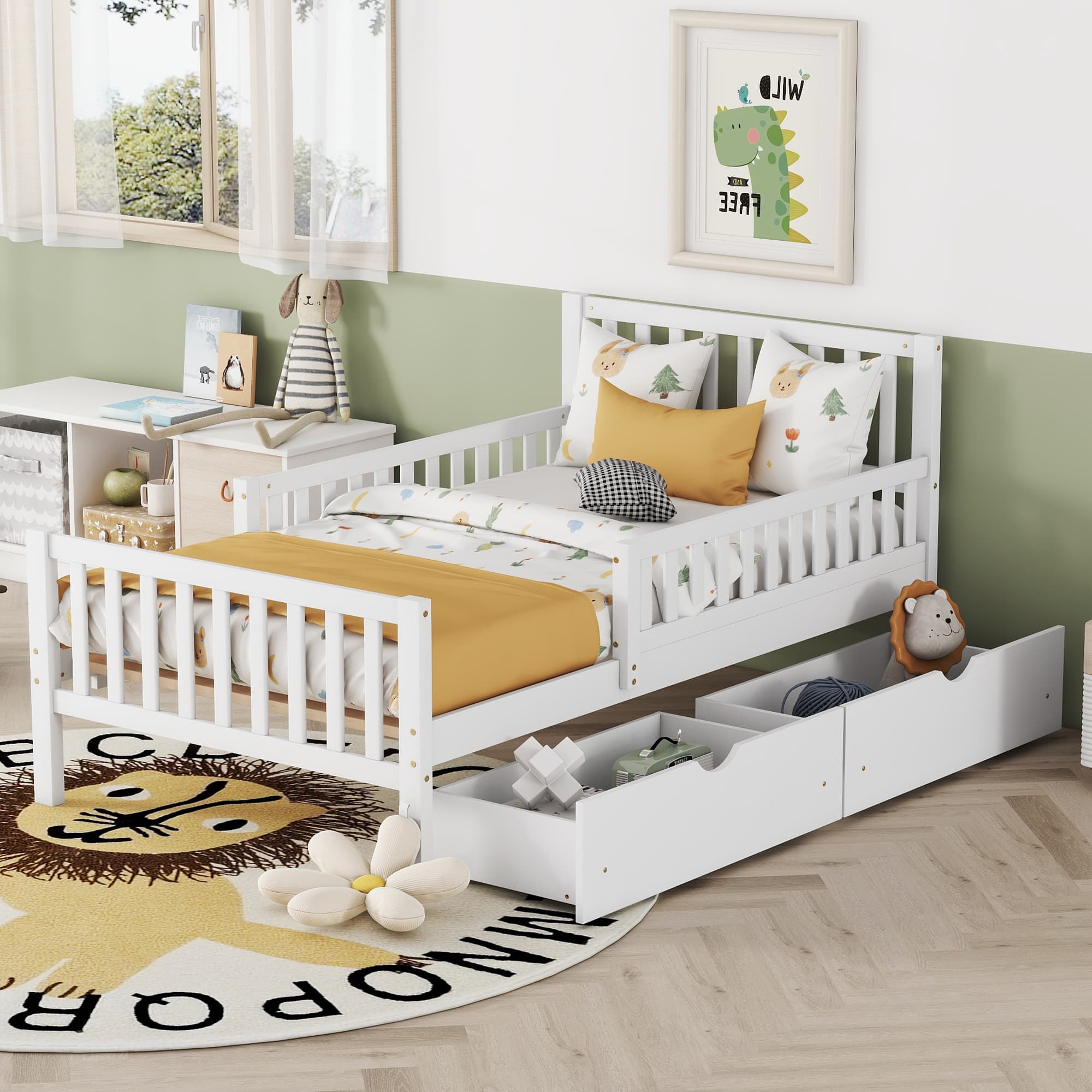 Twin Size Wood Platform Bed With Guardrails On Both Sides And Two Storage Drawers ,White