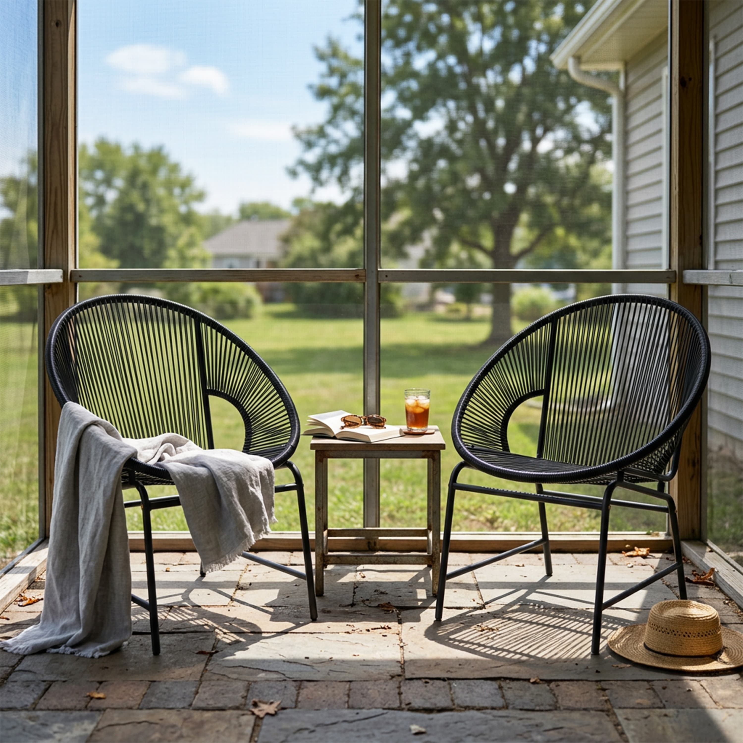 NUSA OUTDOOR PATIO WICKER CHAIR BLACK PE RATTAN & IRON FRAME SET OF 2