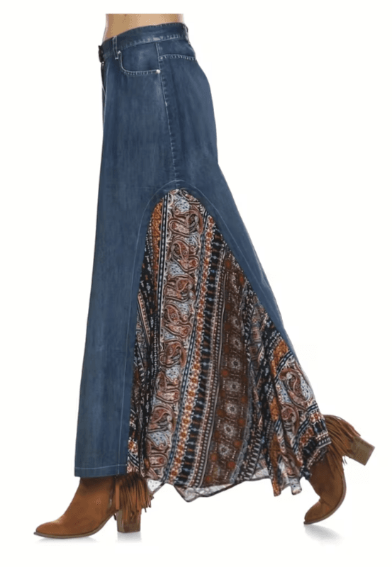 Denim Spliced Ethnic Style Printed Long Skirt