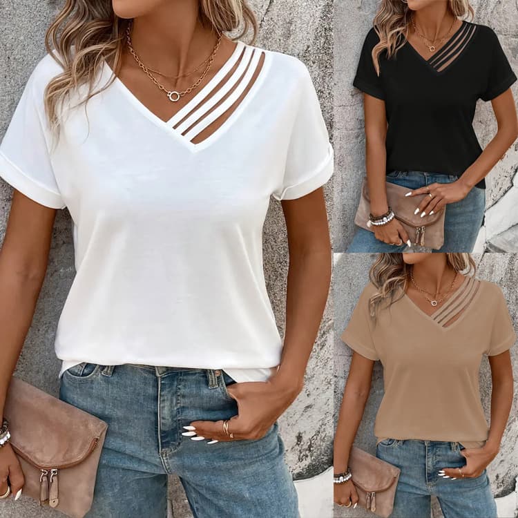 Summer V-neck Short Sleeve Shirt Summer Lightweight Blouse Women's Clothing