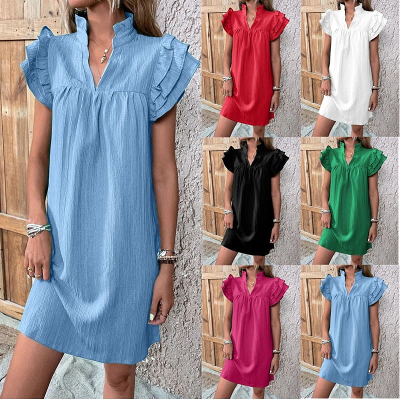 Casual Women's Multi-layer Ruffle Sleeve V-neck Dress Summer Fashion Versatile Multi-layer Lotus Leaf Sleeve V-Neck Pullover Dresses