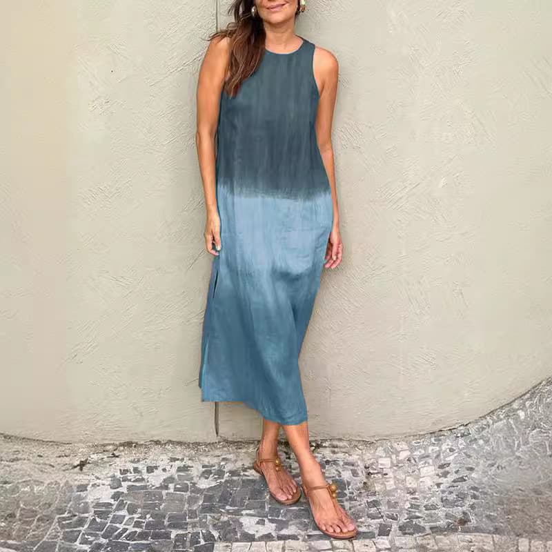 Summer Fashion Round Neck Sleeveless Color Matching Tencel Dress