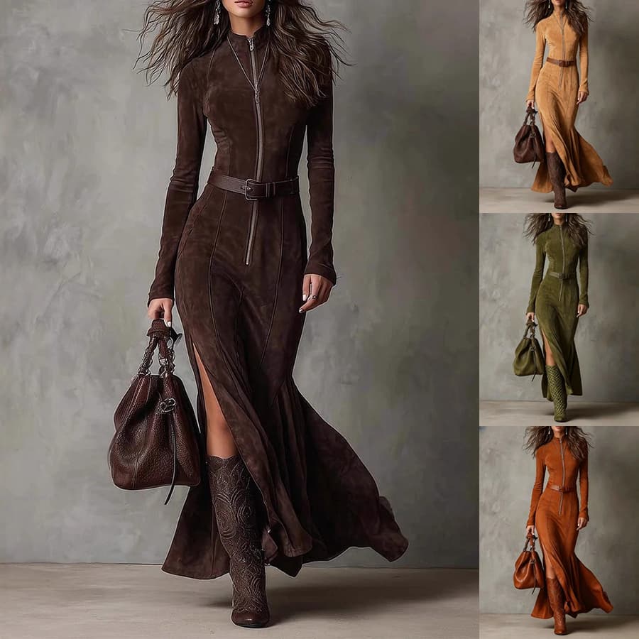Slim Zipper Dress Elegant Temperament Split Long-sleeved Dresses Cowboy Fashion Retro Women's Clothing