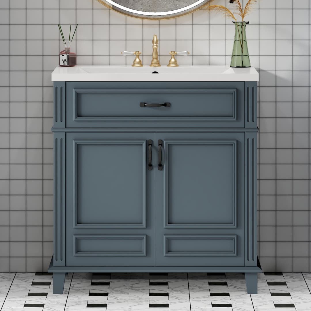 30'' Bathroom Vanity With Ceramic Sink,Solid Wood Frame Bathroom Storage Cabinet With Soft Closing Doors, Retro Style, Blue